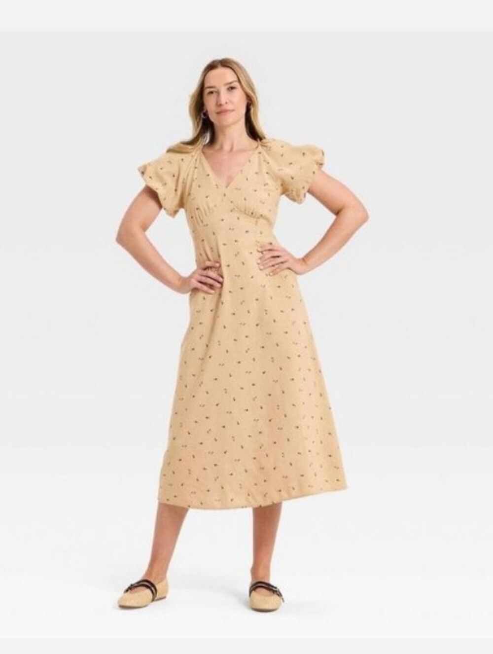 Universal Thread Puff Sleeve Beige Floral Midi Dress M